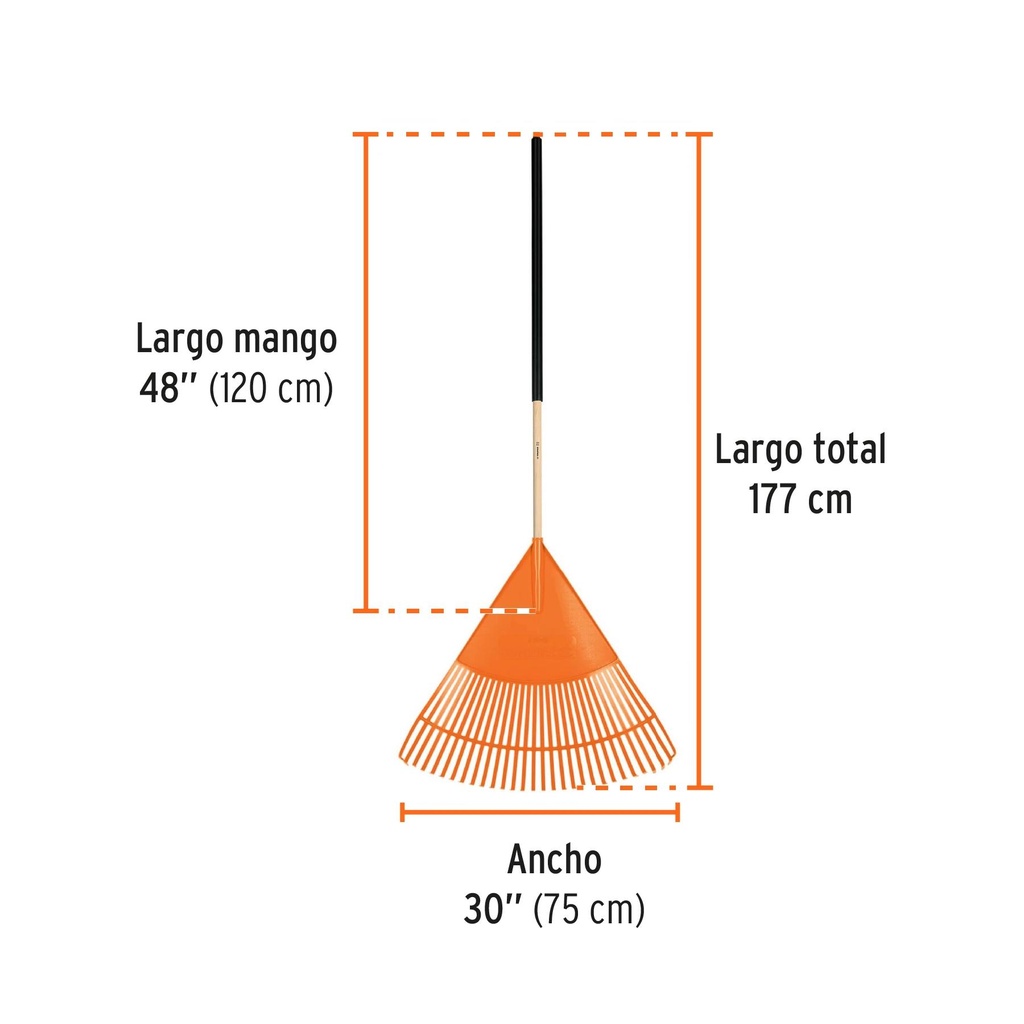 Escoba plástica para jardín, flexible, 30 dientes, mango 48'