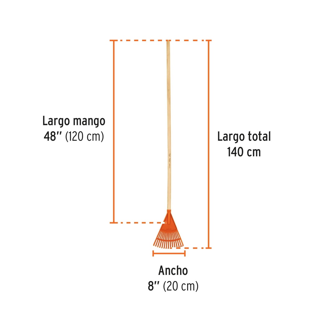 Escoba plástica para jardín, rígida, 15 dientes, mango 48'