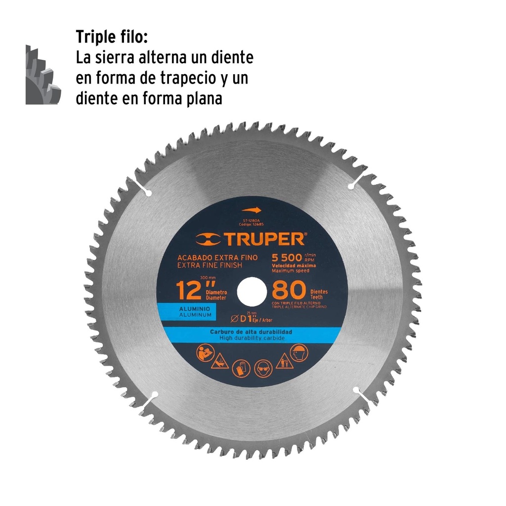 Disco sierra 12' para aluminio, 80 dientes centro 1', Truper