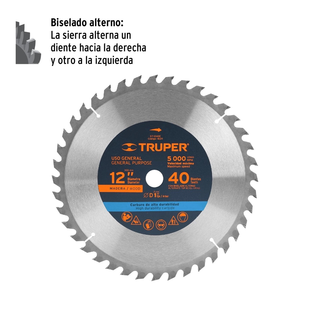 Disco sierra 12' para madera, 40 dientes centro 1', Truper