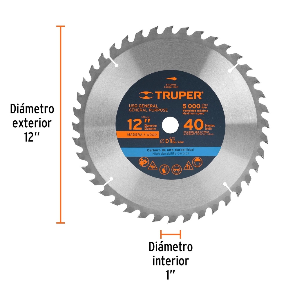 Disco sierra 12' para madera, 40 dientes centro 1', Truper