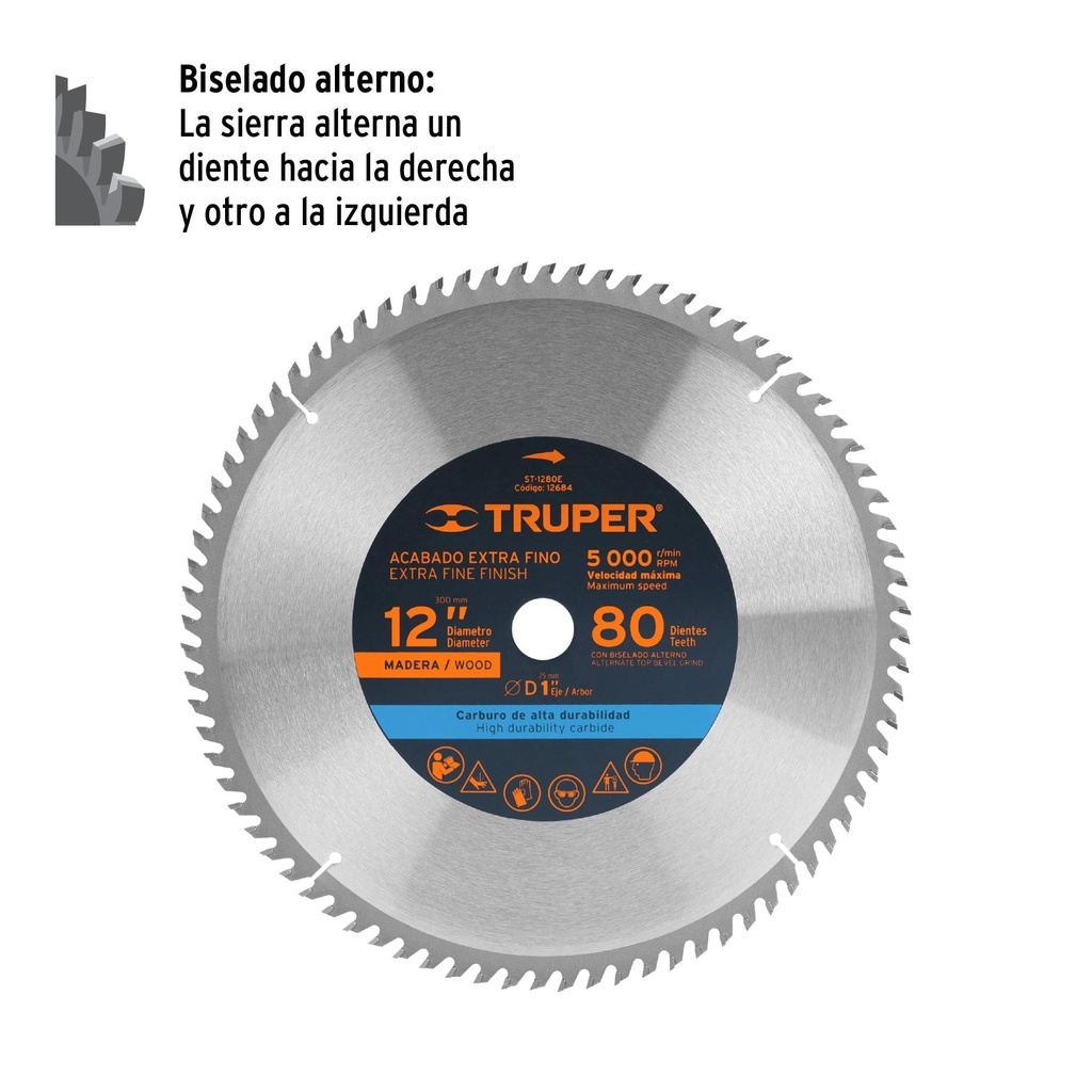 Disco sierra 12' para madera, 80 dientes centro 1', Truper