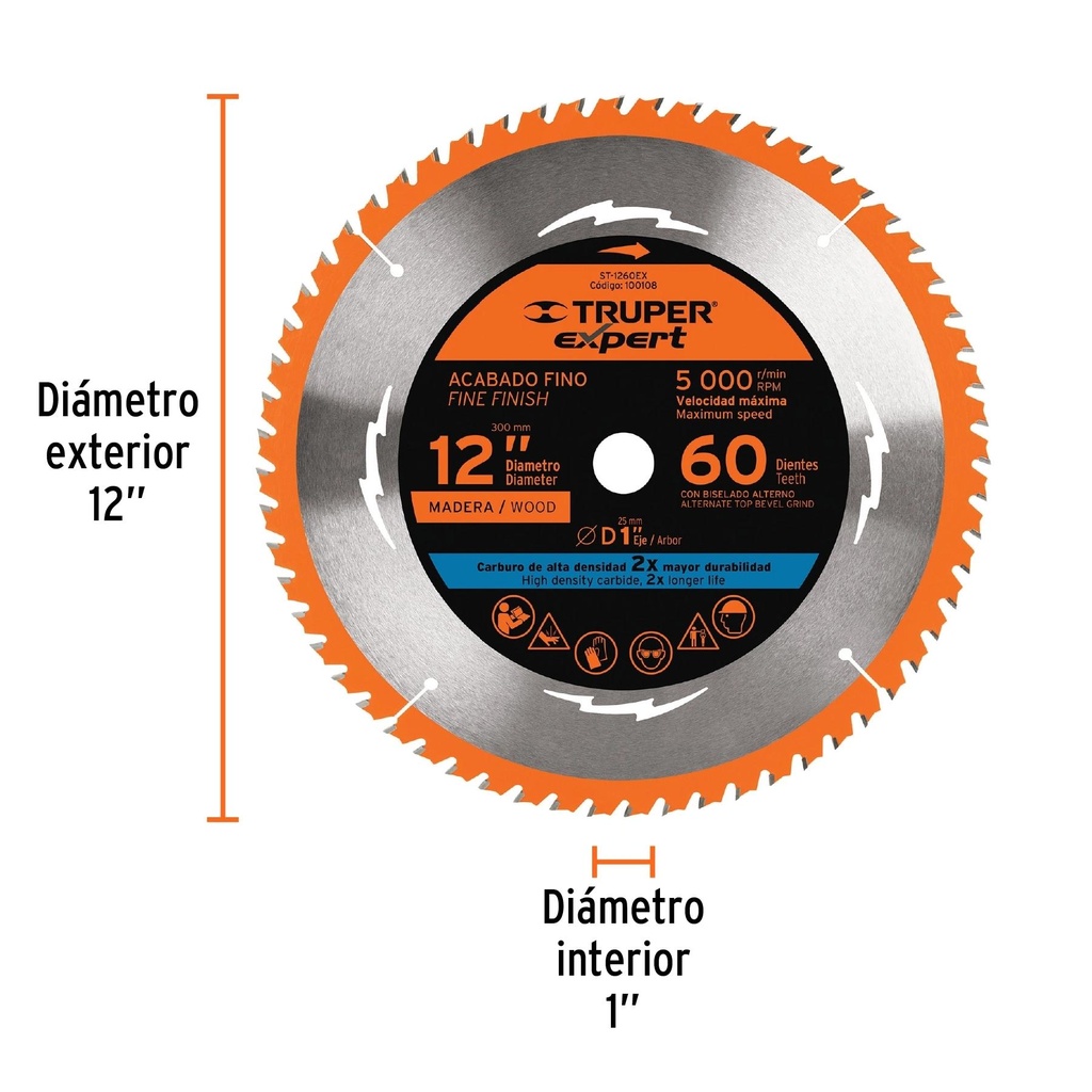 Disco sierra 12' para madera, 60 dientes centro 1', Expert