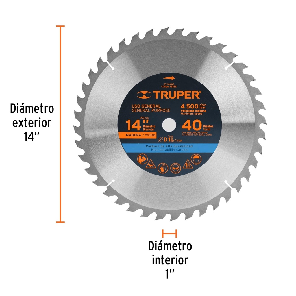 Disco sierra 14' para madera, 40 dientes centro 1', Truper