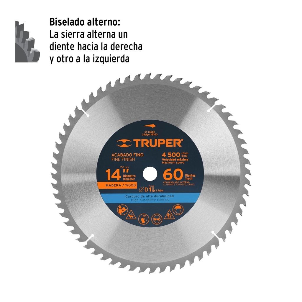 Disco sierra 14' para madera, 60 dientes centro 1', Truper