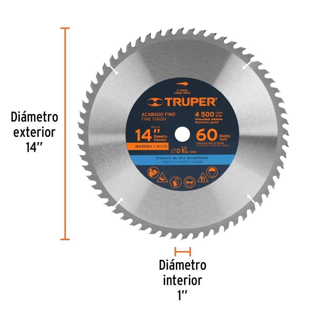 Disco sierra 14' para madera, 60 dientes centro 1', Truper