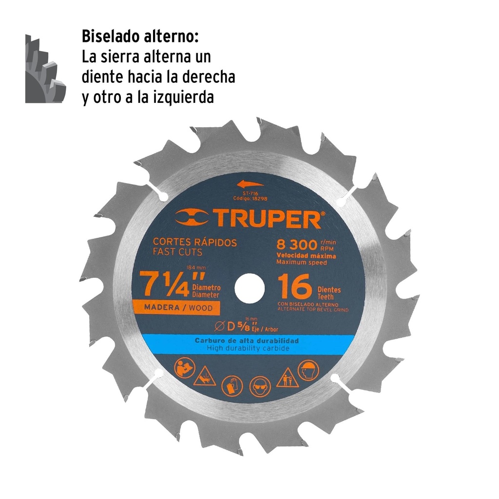 Disco sierra 7- 1/4' para madera, 16 dientes centro 5/8'