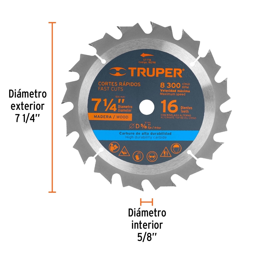 Disco sierra 7- 1/4' para madera, 16 dientes centro 5/8'