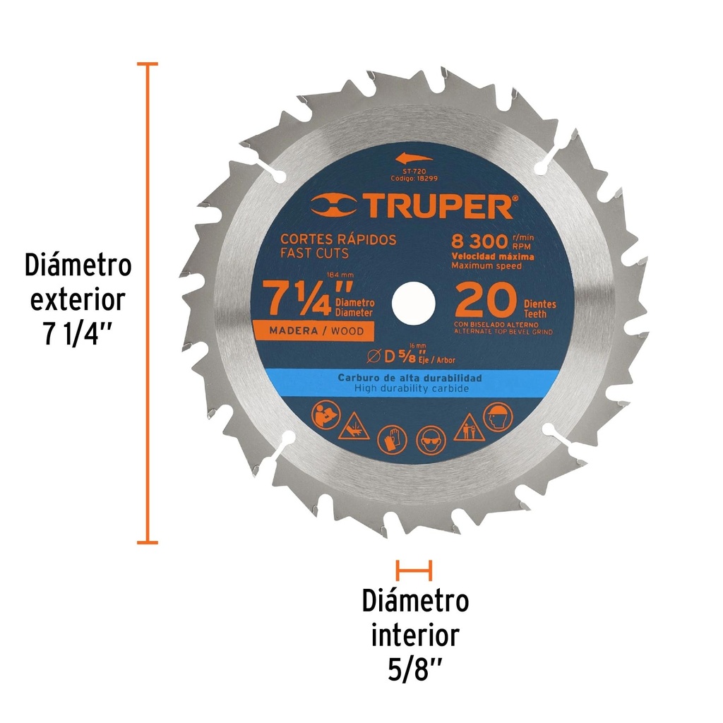 Disco sierra 7- 1/4' para madera, 20 dientes centro 5/8'