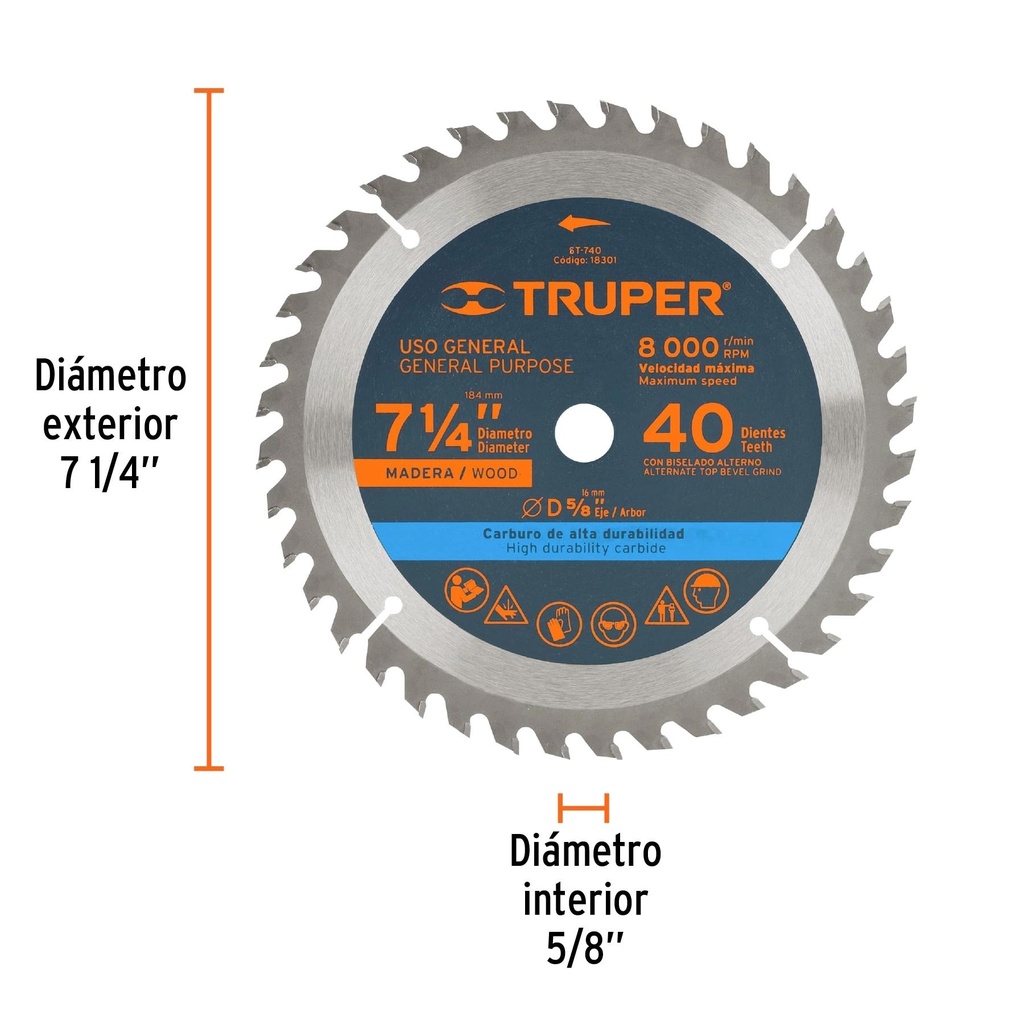 Disco sierra 7- 1/4' para madera, 40 dientes centro 5/8'