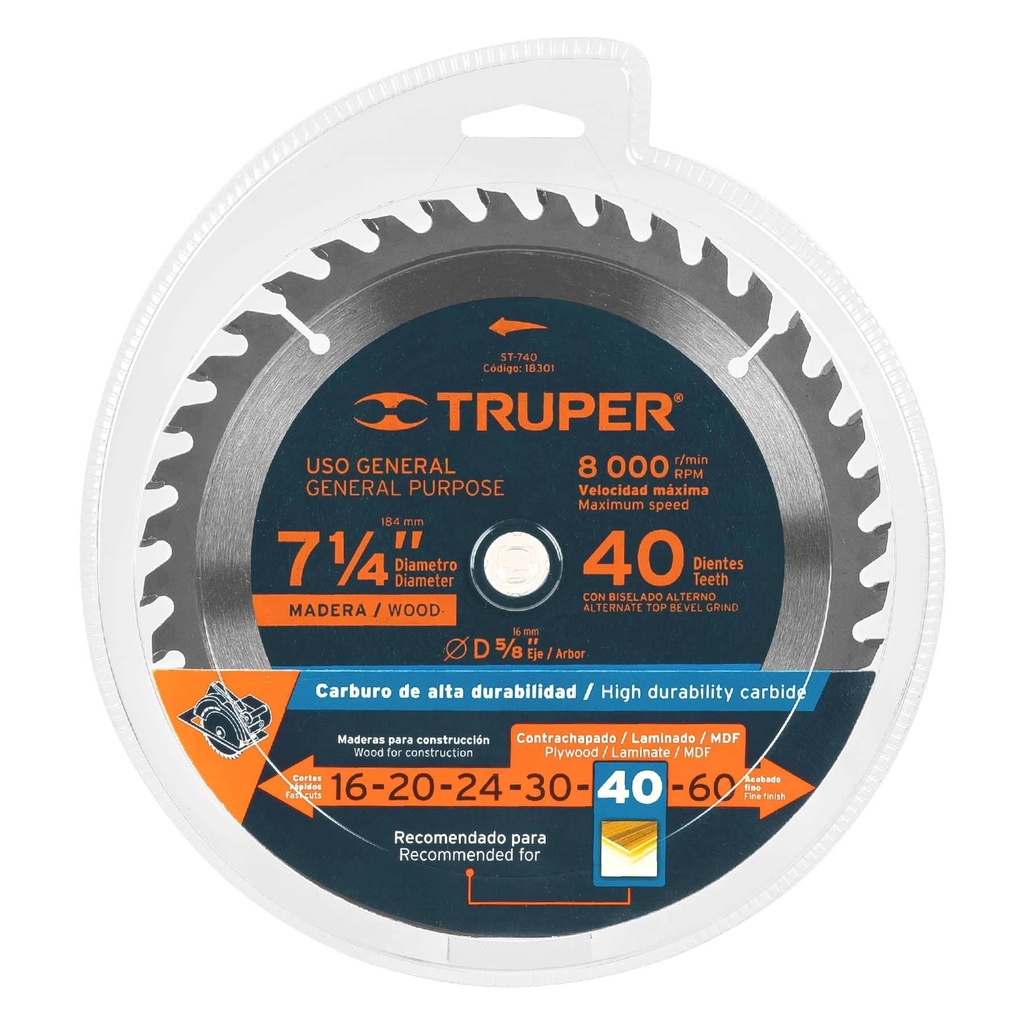 Disco sierra 7- 1/4' para madera, 40 dientes centro 5/8'