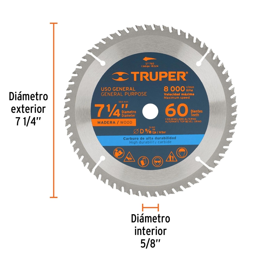 Disco sierra 7- 1/4' para madera, 60 dientes centro 5/8'