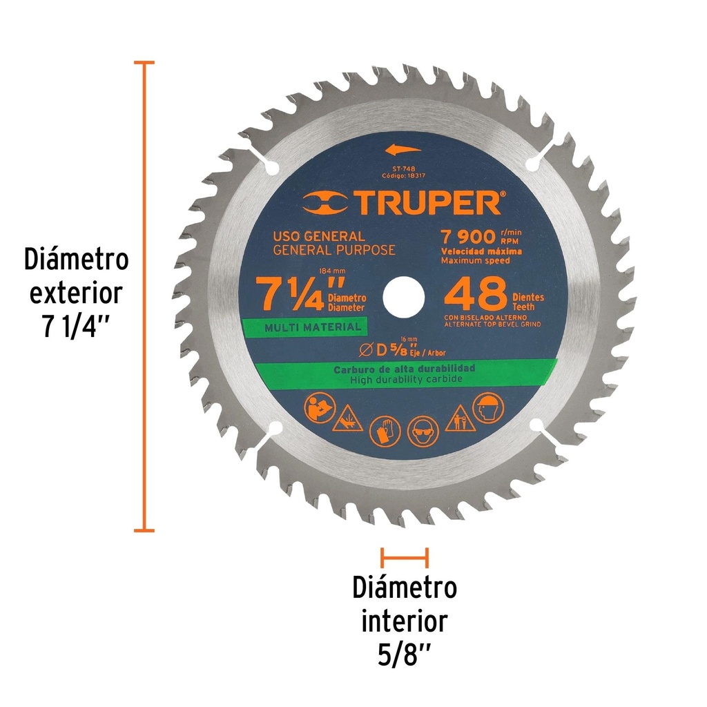 Disco sierra 7-1/4' multimaterial, 48 dientes centro 5/8'