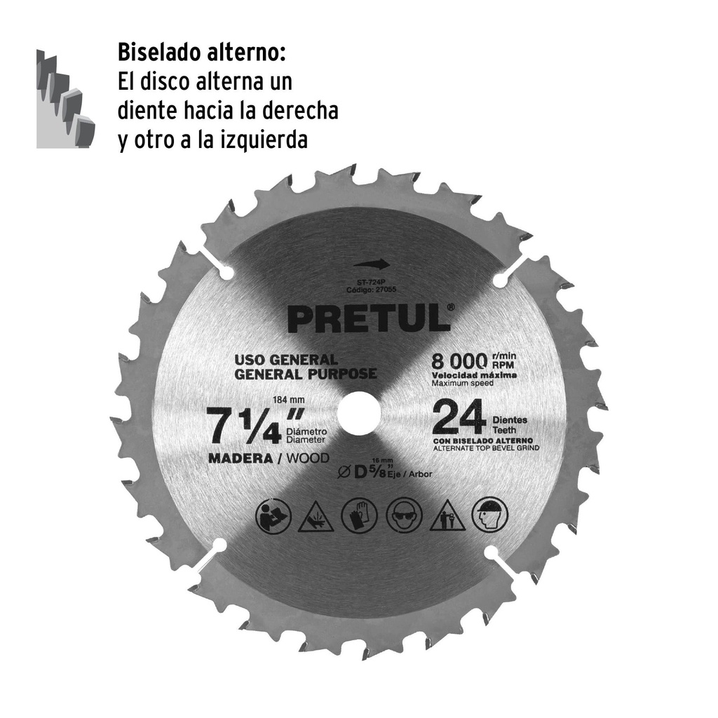 Disco sierra 7-1/4' p/madera, 24 dientes centro 5/8', Pretul