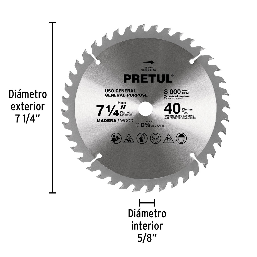 Disco sierra 7-1/4' p/madera, 40 dientes centro 5/8', Pretul