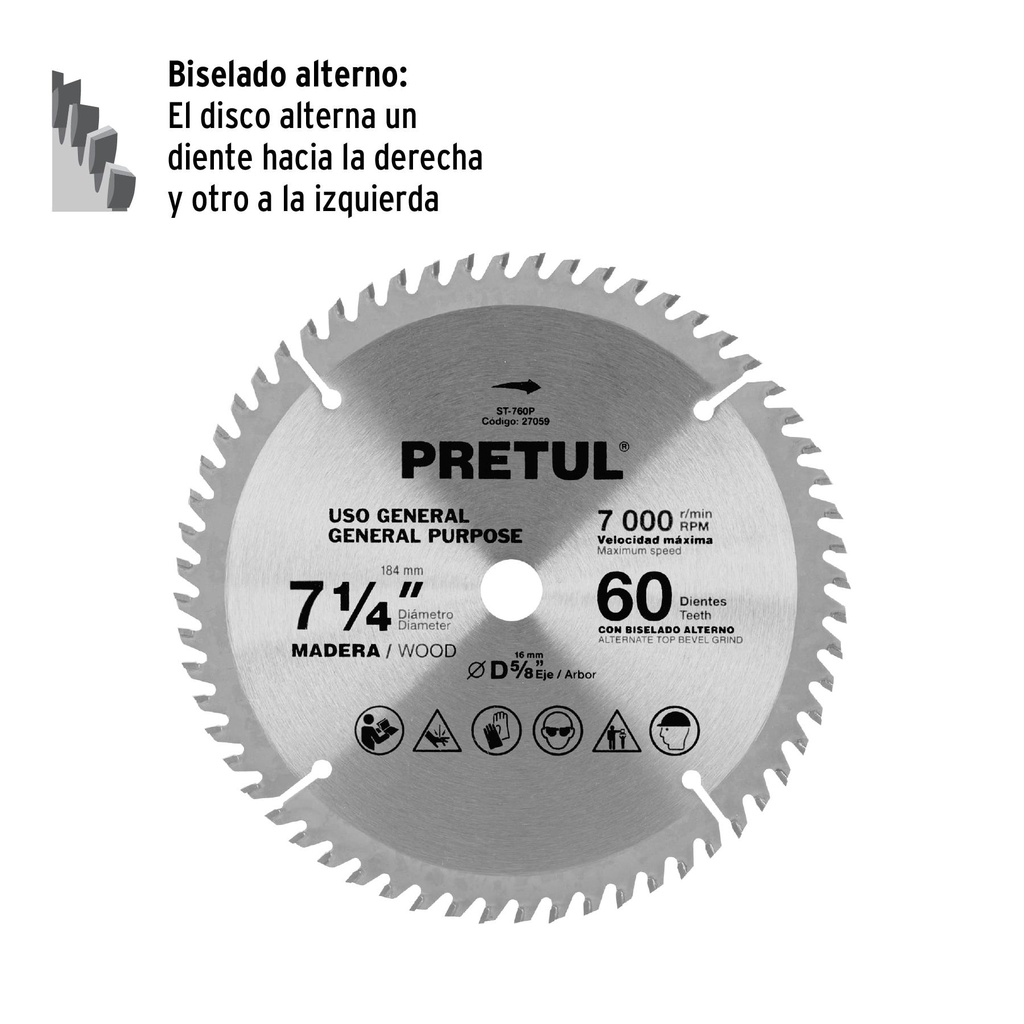 Disco sierra 7-1/4' p/madera, 60 dientes centro 5/8', Pretul