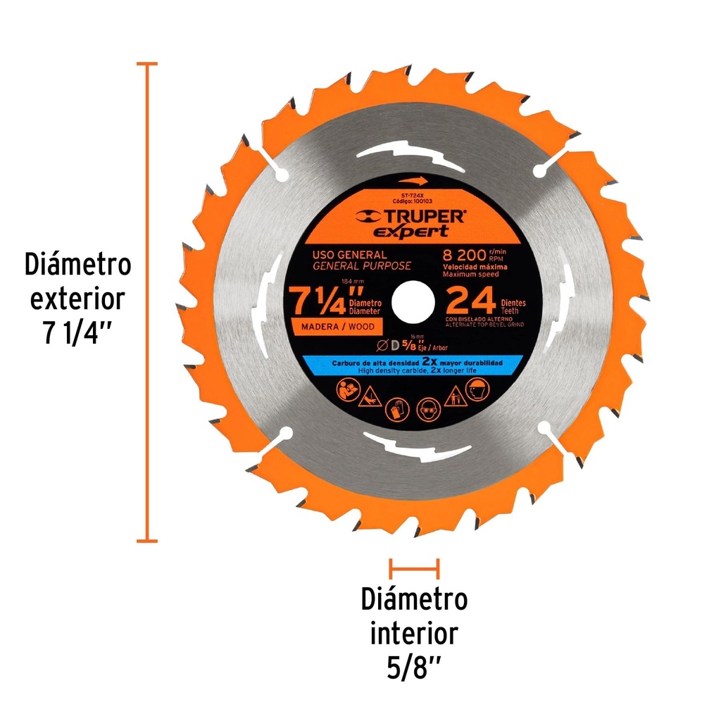 Disco sierra 7-1/4' p/madera, 24 dientes centro 5/8', Expert