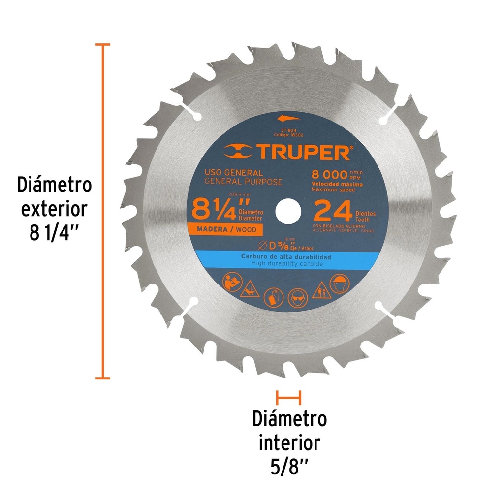 Disco sierra 8-1/4' para madera, 24 dientes centro 5/8'