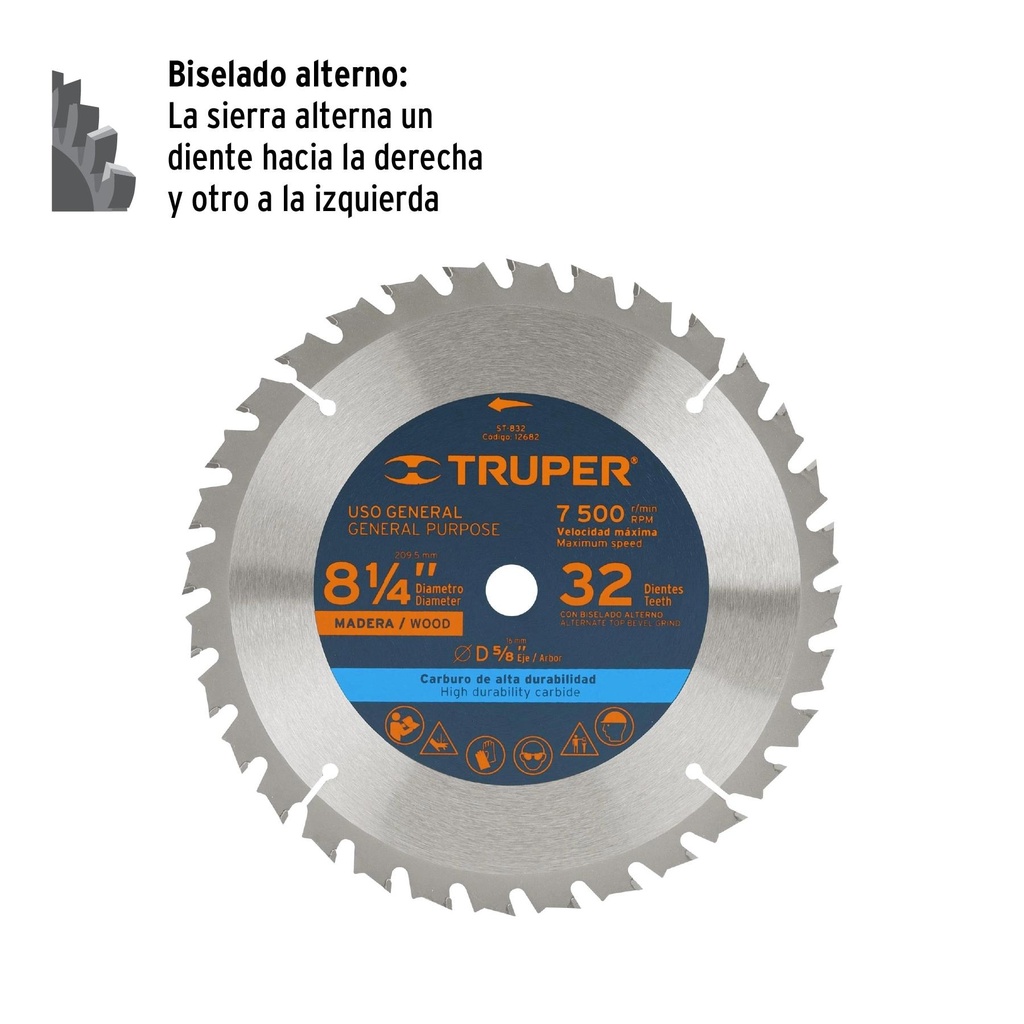 Disco sierra 8-1/4' para madera, 32 dientes centro 5/8'