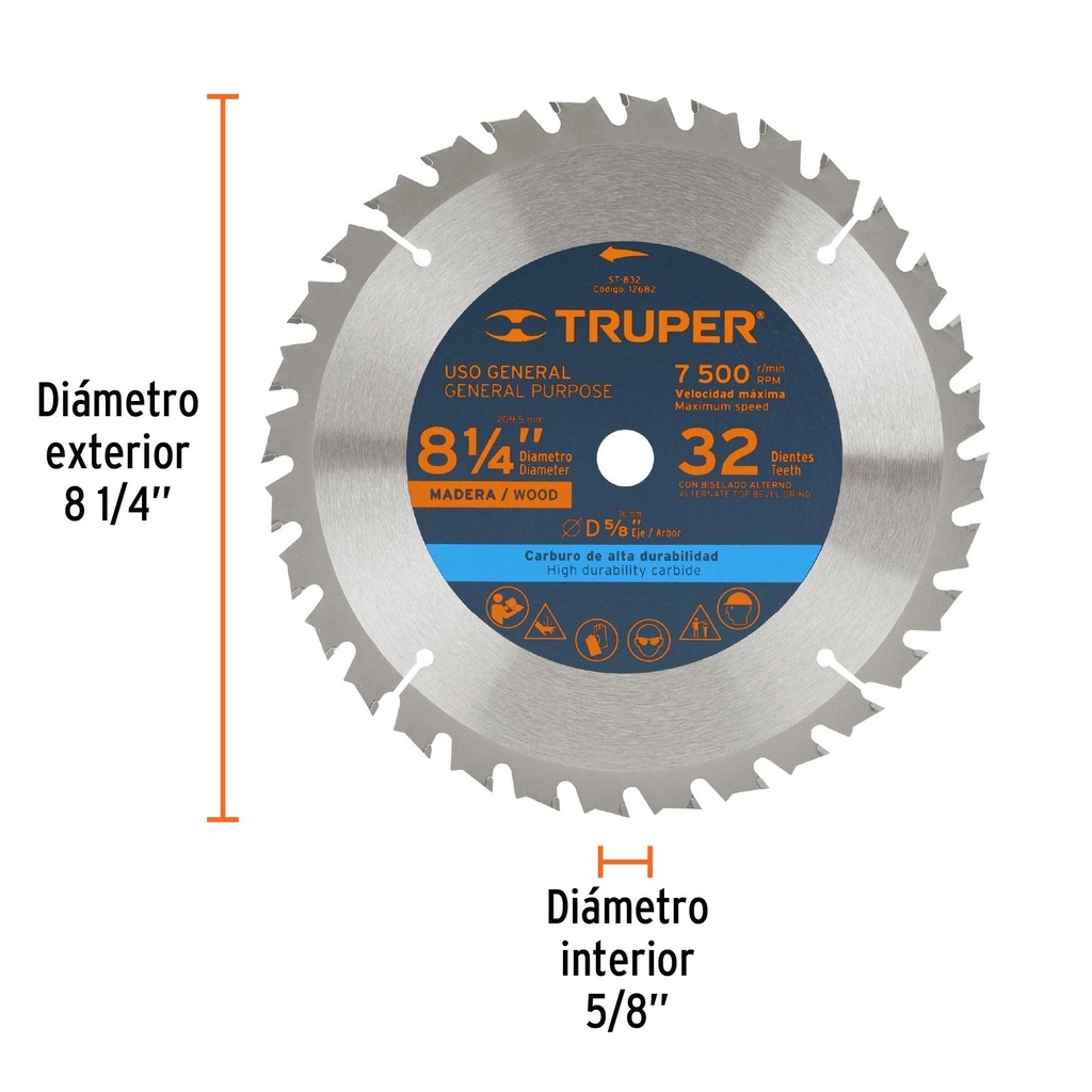 Disco sierra 8-1/4' para madera, 32 dientes centro 5/8'