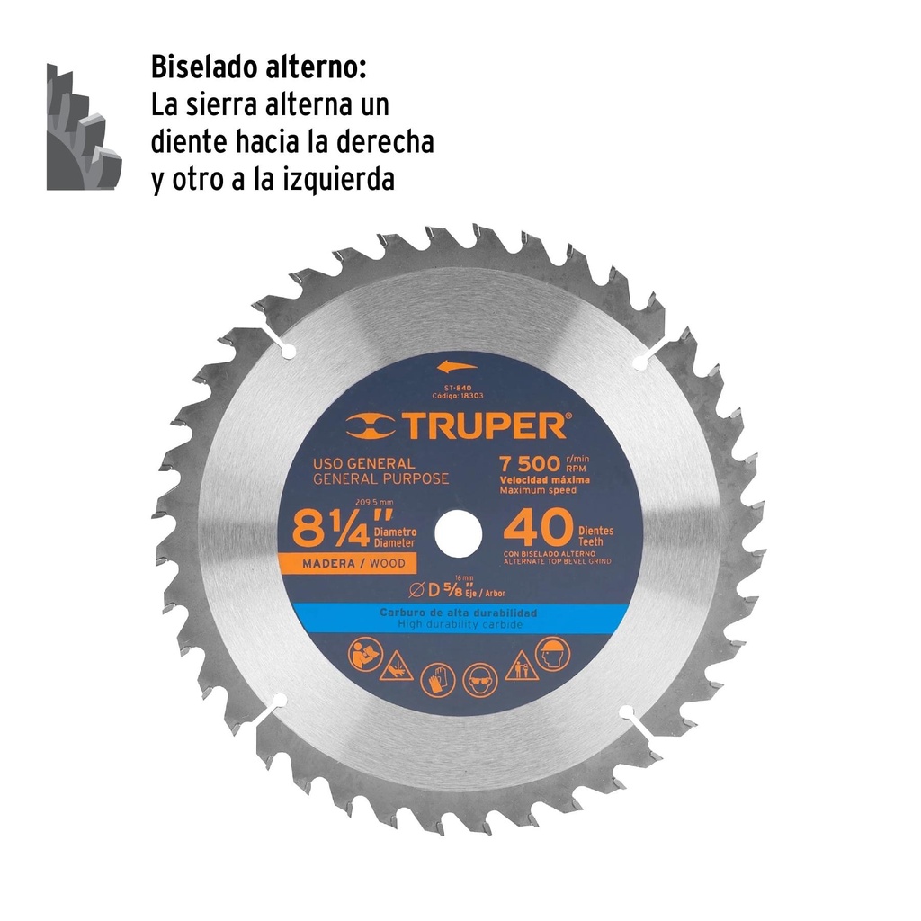 Disco sierra 8-1/4' para madera, 40 dientes centro 5/8'