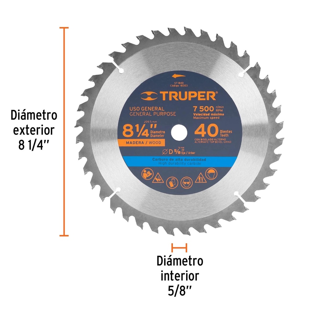 Disco sierra 8-1/4' para madera, 40 dientes centro 5/8'