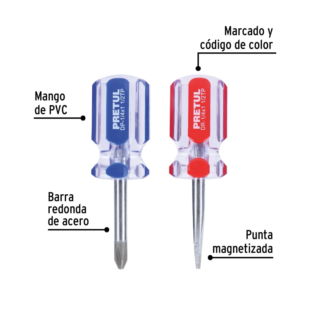 Dúo de desarmadores 1/4 x 1-1/2' mango de PVC, Pretul