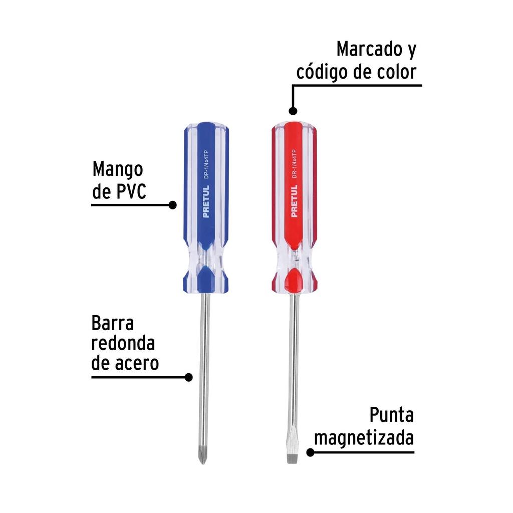 Dúo de desarmadores 1/4 x 4' mango de PVC, Pretul