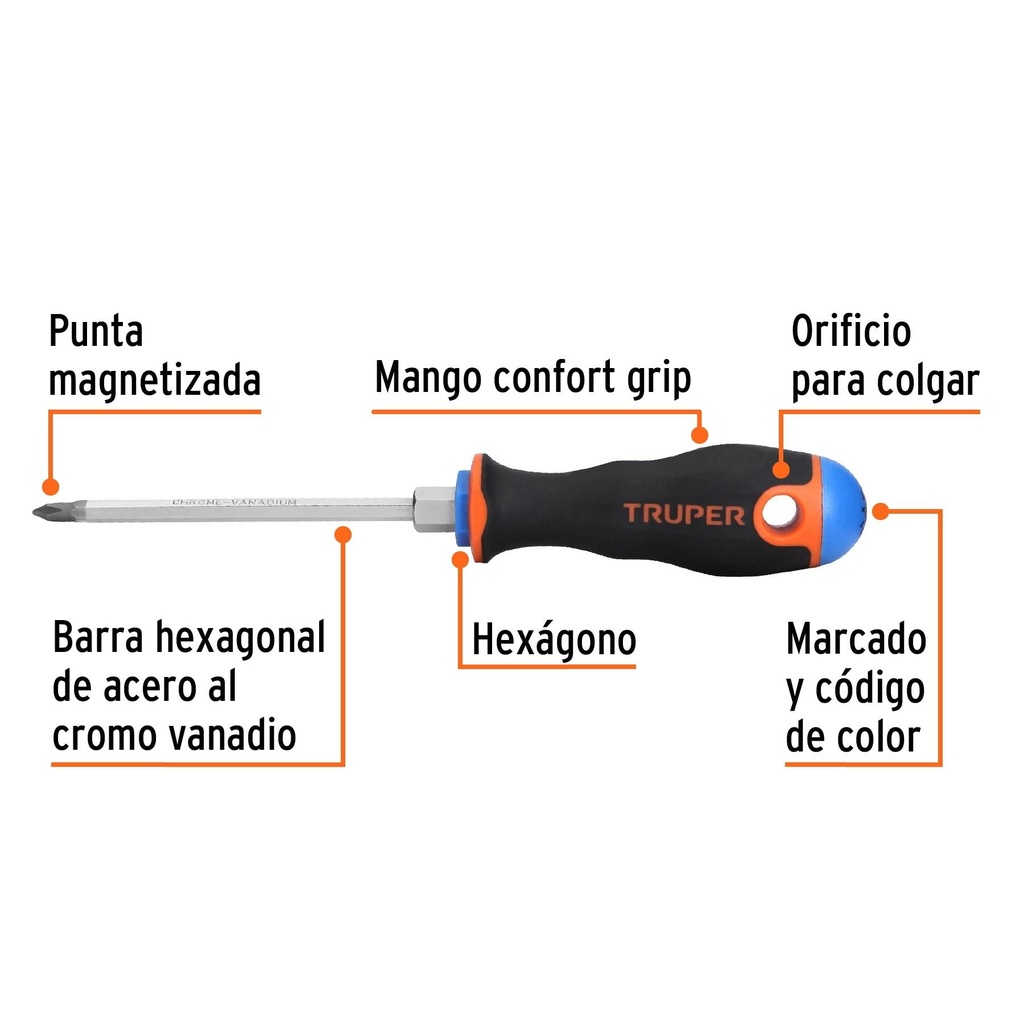 Desarmador de cruz 3/16' x 4' mango Comfort Grip, Truper