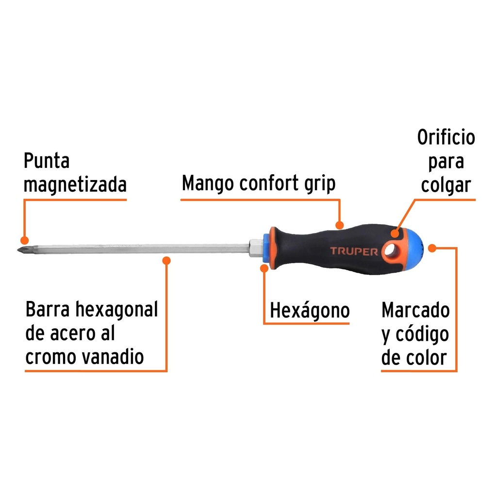 Desarmador de cruz 3/16' x 6' mango Comfort Grip, Truper