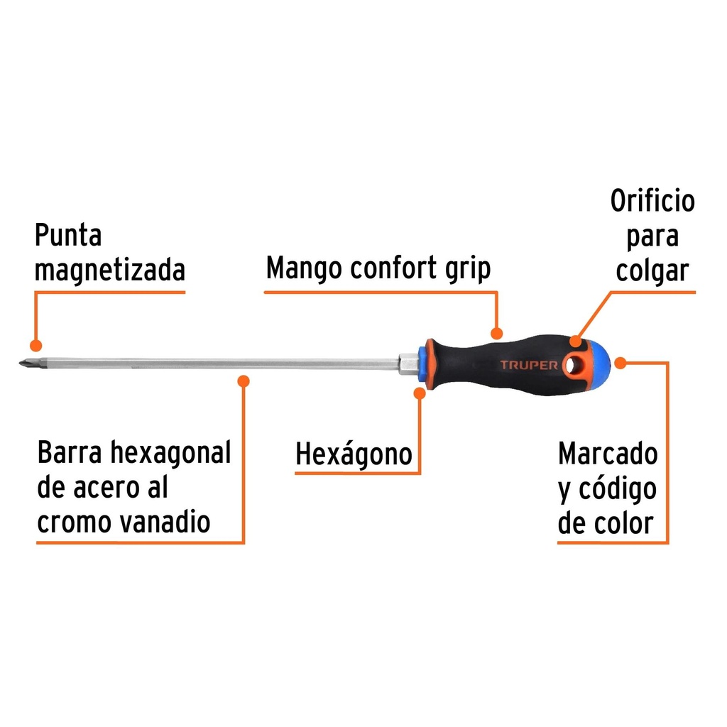 Desarmador de cruz 3/16' x 8' mango Comfort Grip, Truper