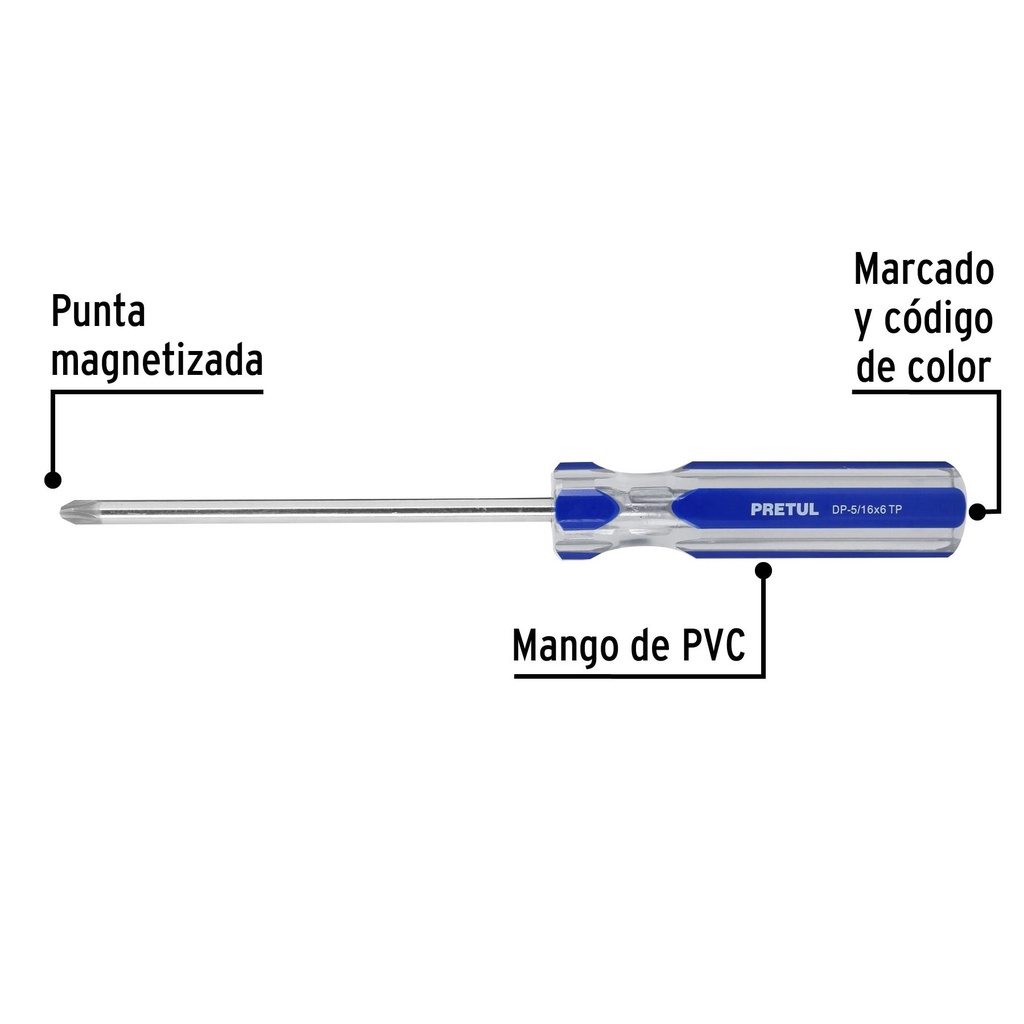 Desarmador de cruz 5/16 x 6' mango de PVC, Pretul