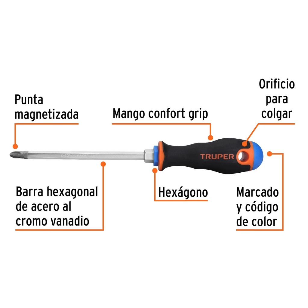 Desarmador de cruz 5/16' x 6' mango Comfort Grip, Truper