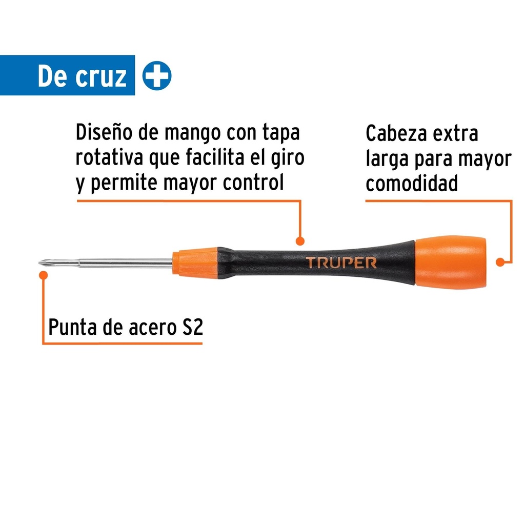 Desarmador de precisión de cruz PH0 mango ergonómico, Truper