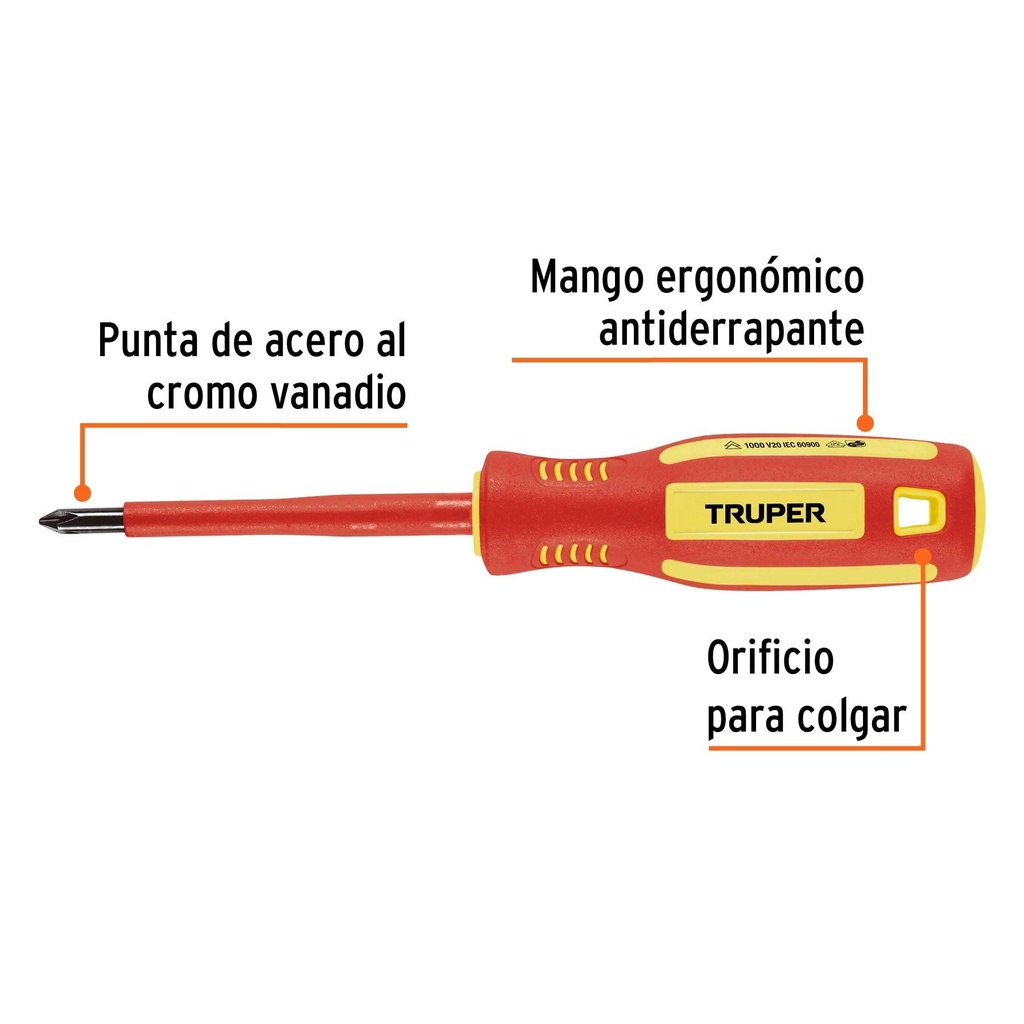 Desarmador dieléctrico de cruz 3/16' x 3', Truper