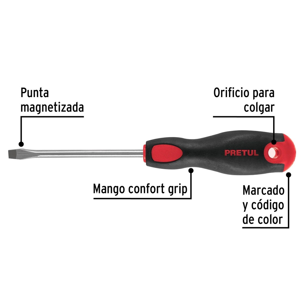 Desarmador plano 1/4' x 4'mango Comfort Grip, Pretul