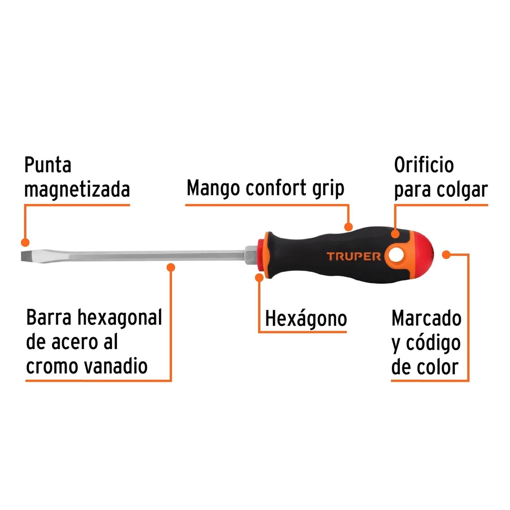 Desarmador plano 1/4' x 6' mango Comfort Grip, Truper