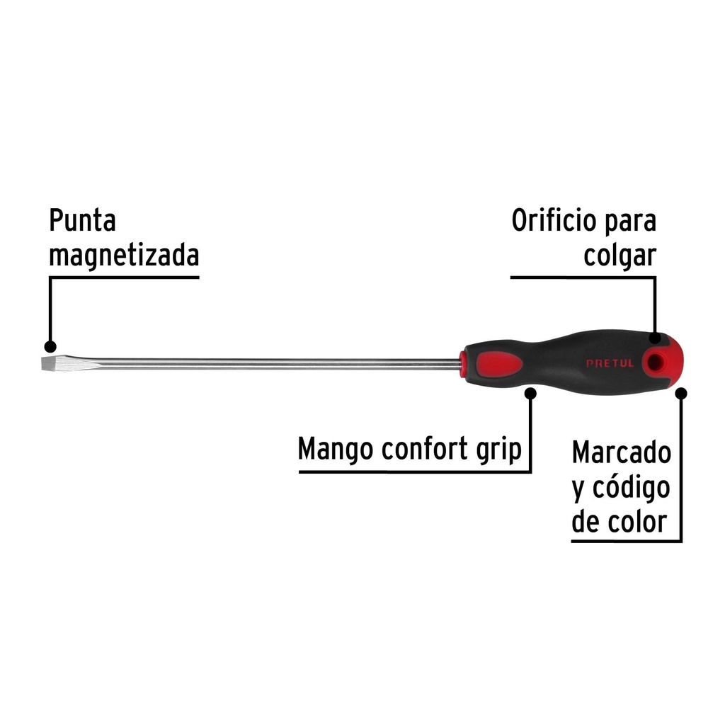 Desarmador plano 1/4' x 8'mango Comfort Grip, Pretul