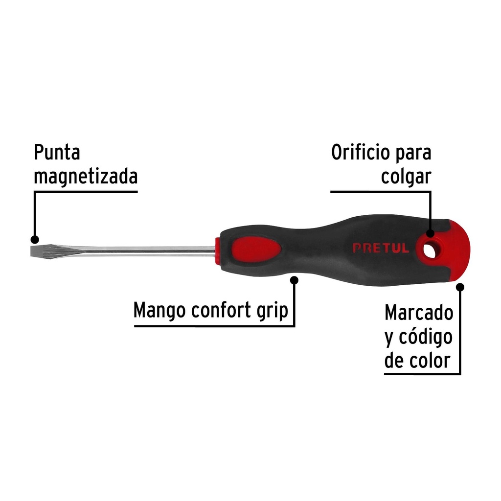 Desarmador plano 3/16 x 3' mango Comfort Grip, Pretul