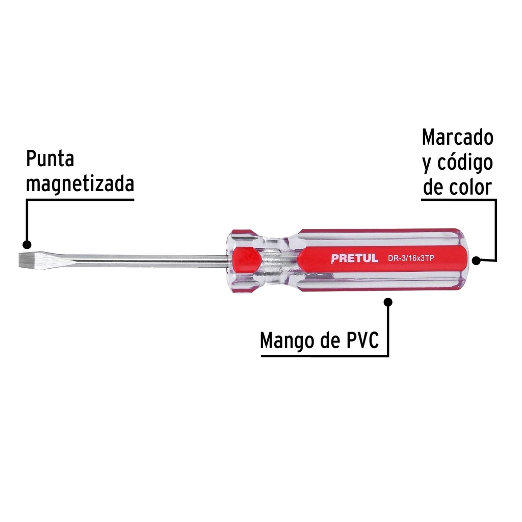 Desarmador plano 3/16 x 3' mango de PVC, Pretul