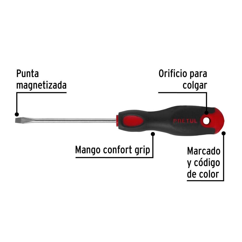 Desarmador plano 3/16 x 4' mango Comfort Grip, Pretul