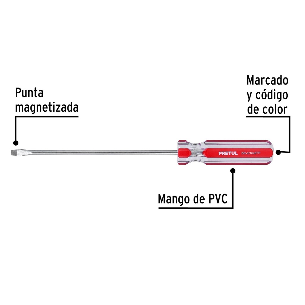 Desarmador plano 3/16 x 6' mango de PVC, Pretul