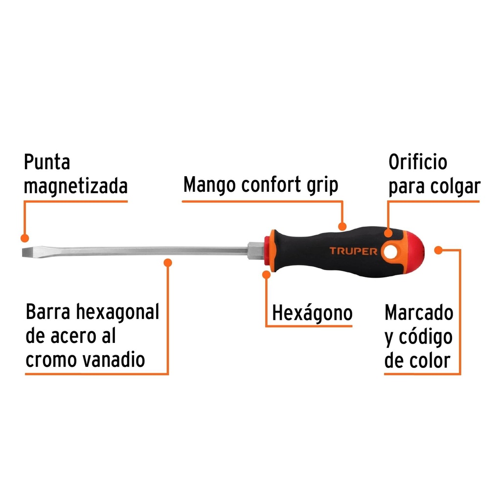 Desarmador plano 3/16' x 6' mango Comfort Grip, Truper