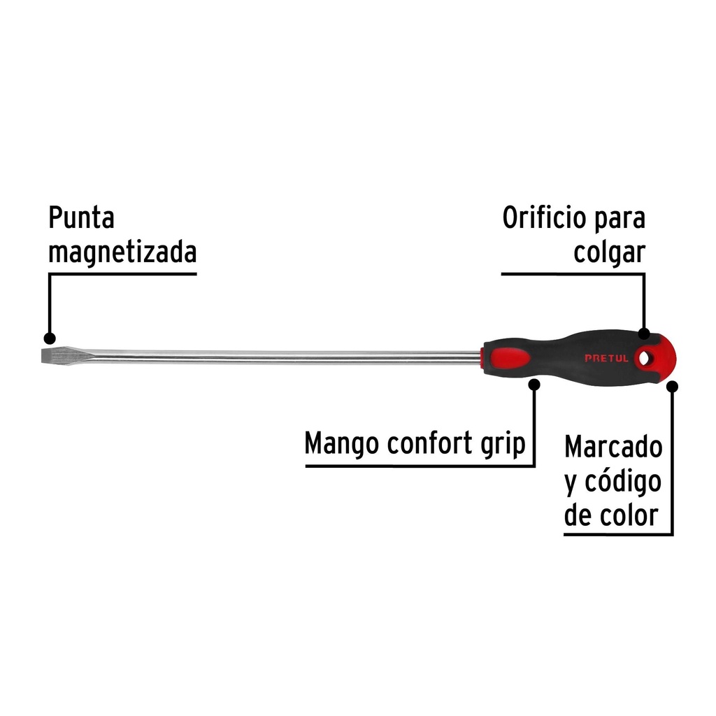 Desarmador plano 3/8' x 12' mango Comfort Grip, Pretul