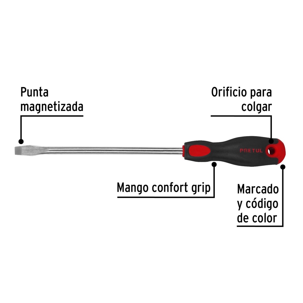 Desarmador plano 3/8' x 8' mango Comfort Grip, Pretul