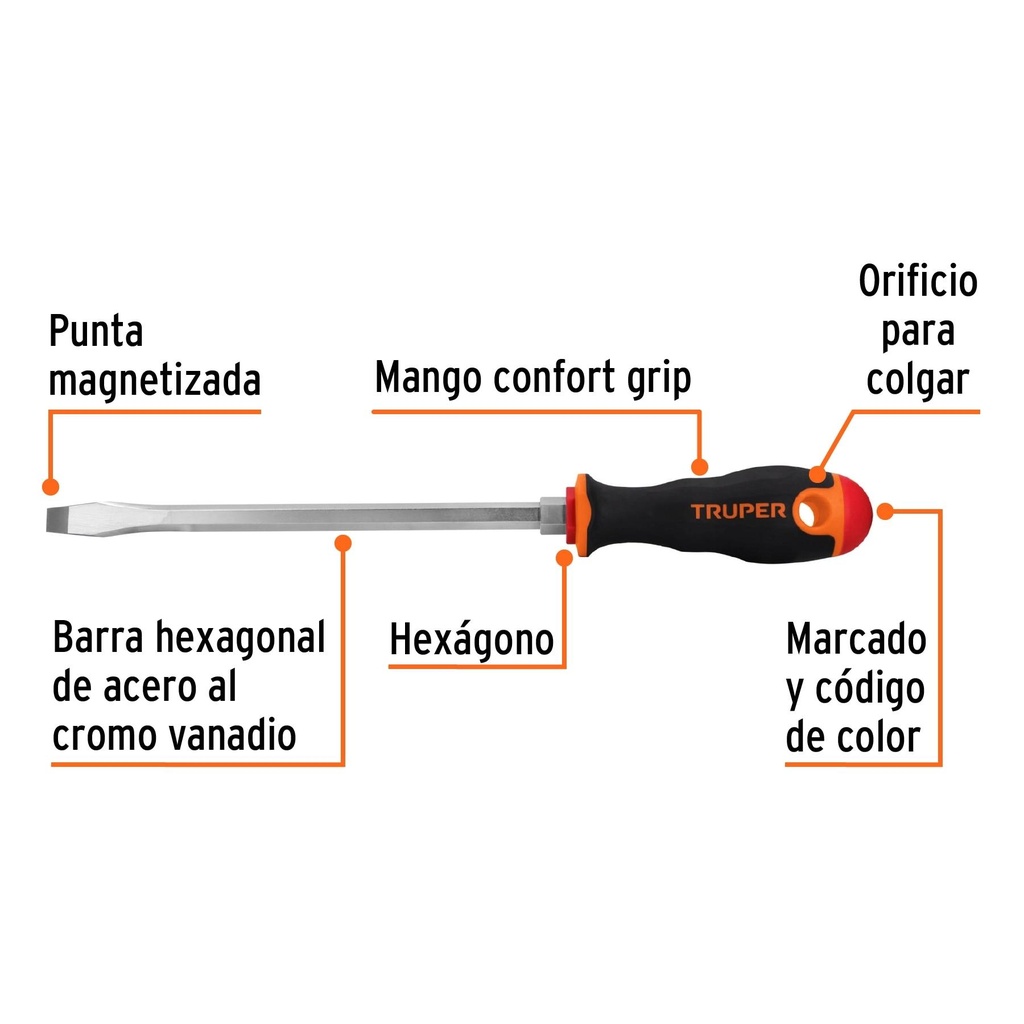 Desarmador plano 3/8' x 8' mango Comfort Grip, Truper