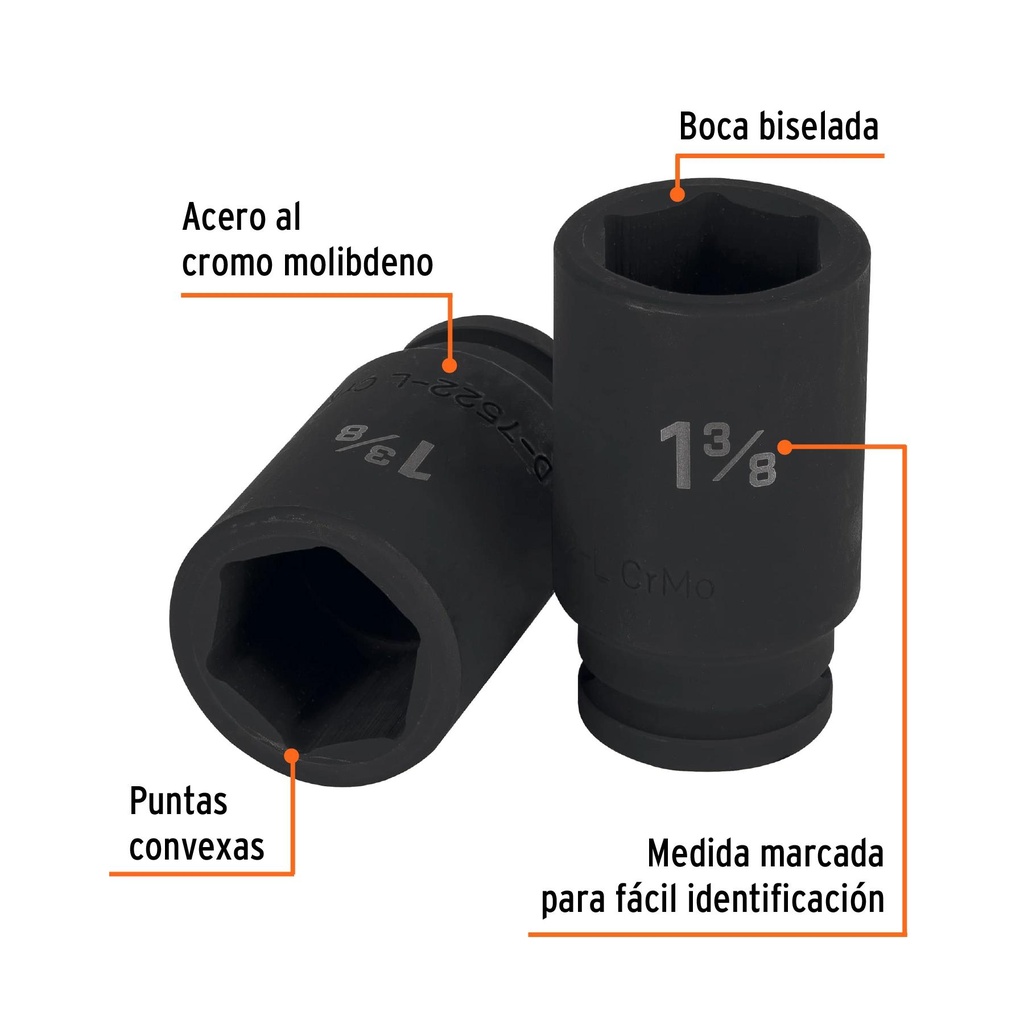 Dado largo de impacto de 1-3/8', 6 puntas, cuadro 3/4'