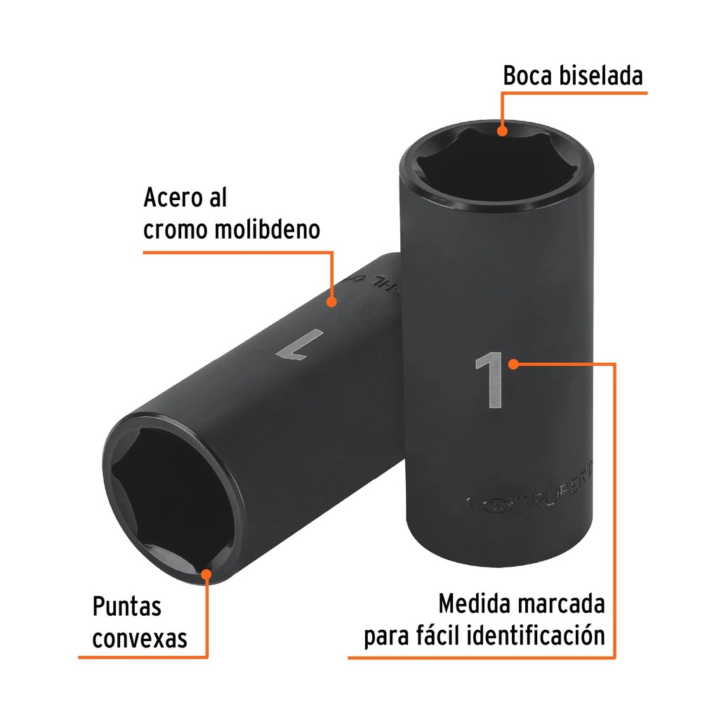 Dado largo impacto de 1', 6 puntas, cuadro 1/2', Truper