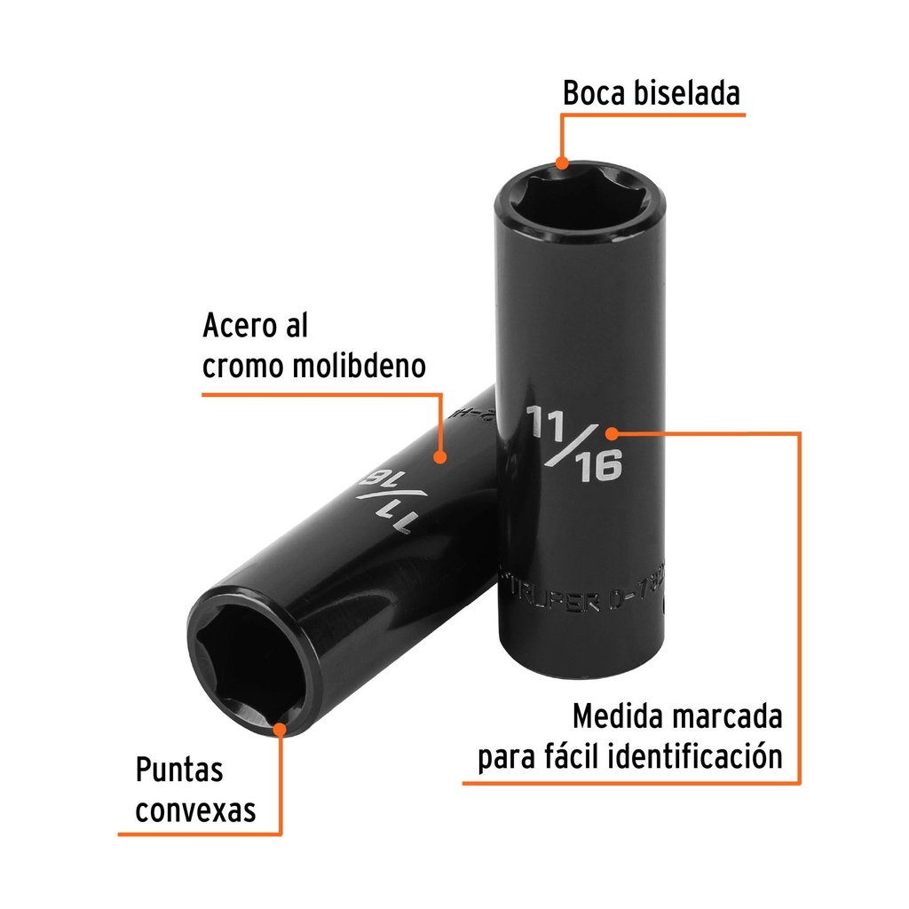 Dado largo impacto de 11/16', 6 puntas, cuadro 1/2', Truper