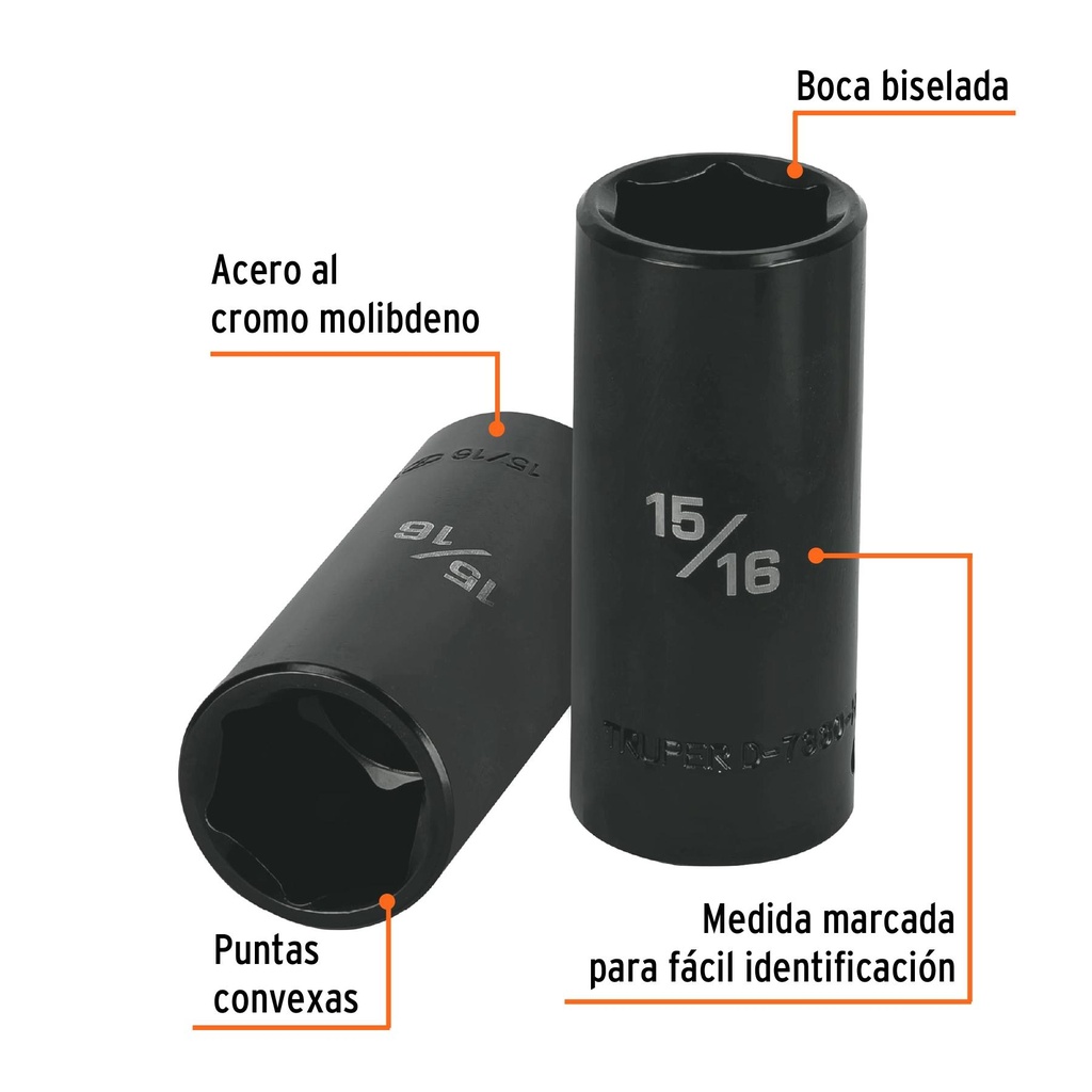 Dado largo impacto de 15/16', 6 puntas, cuadro 1/2', Truper